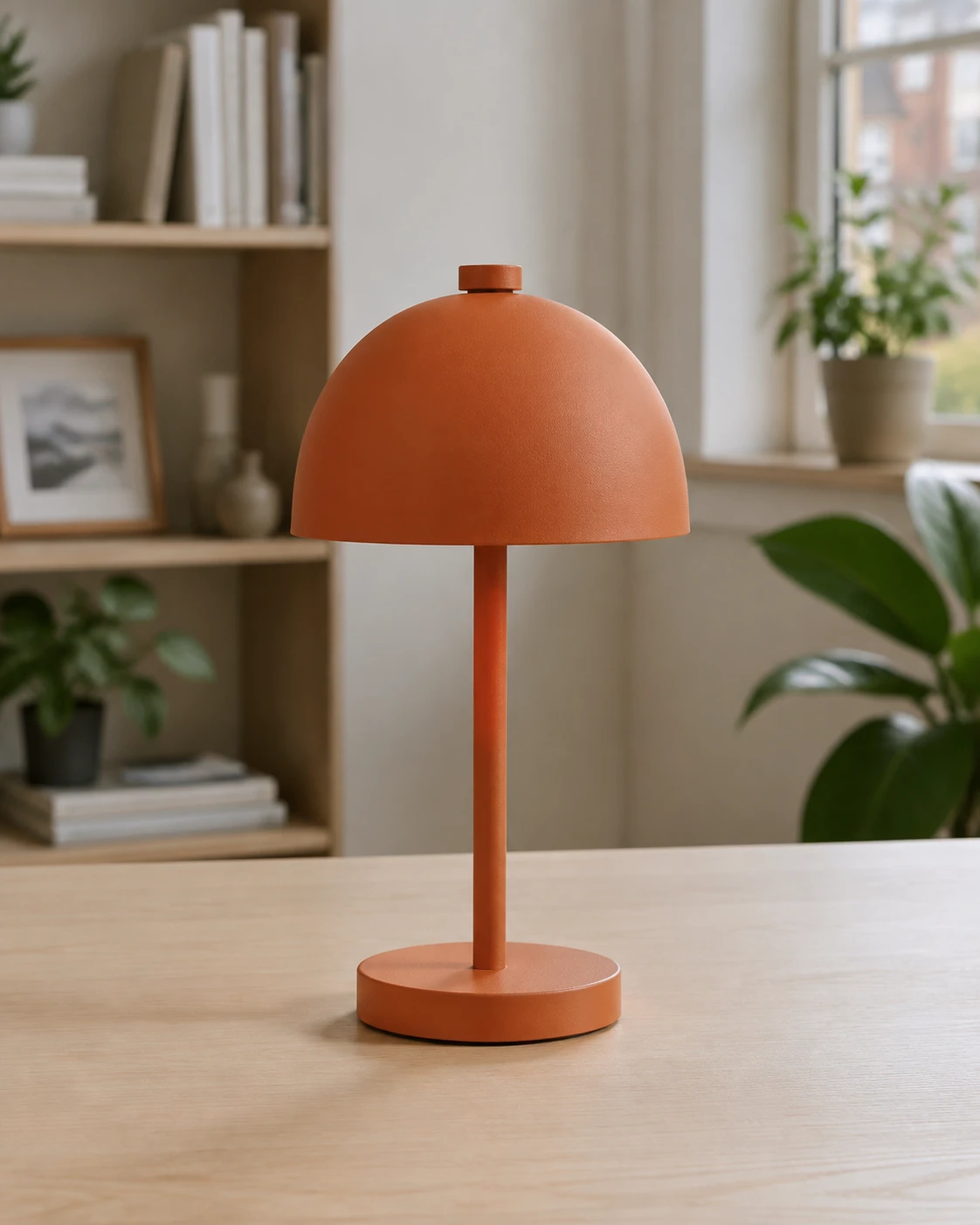 An orange lamp photographed on a desk