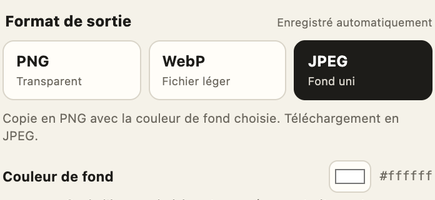 Réglages ClickCutout : JPEG sélectionné et couleur de fond blanche #ffffff